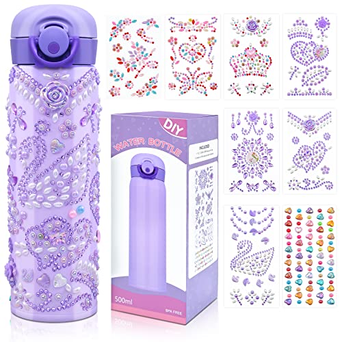 Sarsumir Bouteille d'eau pour filles, décorez votre propre bouteille d'eau, kit de bricolage pour enfants avec 8 autocollants, jouets pour filles de 5, 6, 7, 8, 9, 10, 11 ans, sans BPA, violet Cover