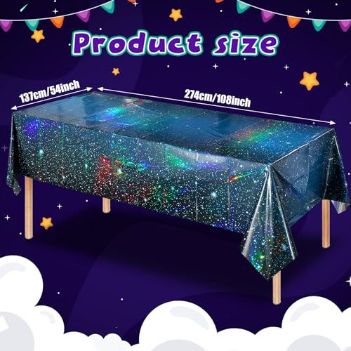 Image of 3Pcs Iridescent Space Tablecloths, Disposable Plastic Blue Galaxy Table Cloth Rectangle Table Covers for Space Starry Night Star Theme Party Birthday Party Decorations, 54x108 Inch