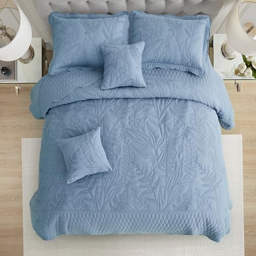 Image of Bedspread oversized Full 96x110,Beautiful Leaf Stitching,5 PC, Ashley Blue