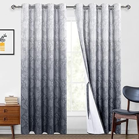 Hiasan Grey Ombre Blackout Curtains with Tiebacks for Bedroom - Floral Patterned Noise Reducing Thermal Insulated Room Darkening Curtains for Living Room, 52 x 84 Inches, 2 Window Curtain Panels Cover