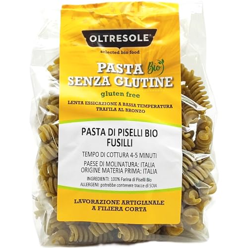 Oltresole - Pasta de guisantes orgánicos italianos, sin gluten, formato Fusilli 350 g - pasta proteica de legumbres con harina 100% de guisantes verdes de la agricultura ecológica italiana, sin