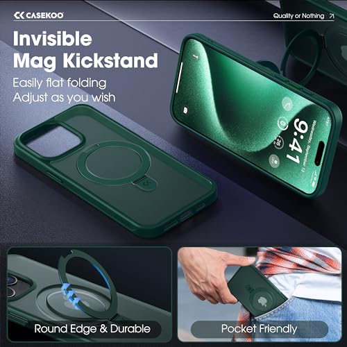 Image of CASEKOO Designed for iPhone 15 Pro Max Case with Magnetic Invisible Stand [Military Drop Protection] [Compatible with MagSafe] Shockproof Slim Translucent Matte Promax Case 6.7 Inch, Green