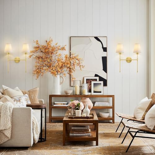 Image of Wall Sconce with Flared White Textile Lamp Shade, Double Sconces Wall Lighting Bathroom Light Fixtures, Gold Brushed Wall Lights Wall Lamp Vanity Light Fixtures with Long Arms, E26 Base