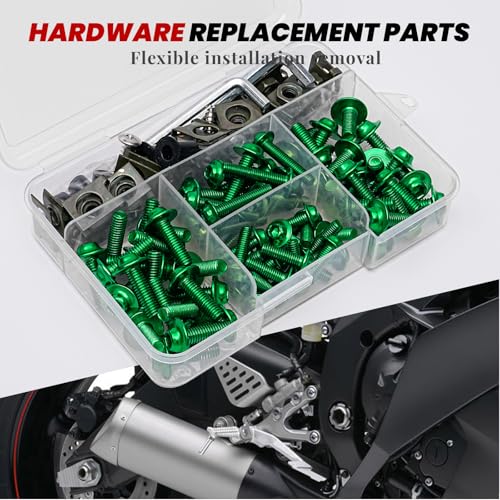 Image of Green Motorcycle Fairing Bolt Kit 177Pcs, M5 M6 Stainless Steel | Storage Box, Chrome Finished, Windscreen Screws Fastener Clips Universal Fit for Suzuki Kawasaki Honda Yamaha BMW Ducati GSXR