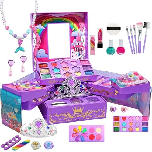 Juego de maquillaje, kit de maquillaje para niños pequeños | Juguete de maquillaje lavable para niña pequeña | Tocador de maquillaje con diseño de caja de almacenamiento grande, juegos de simulación p