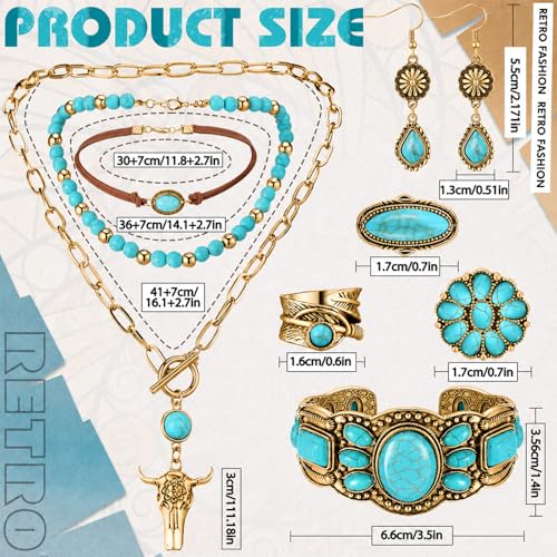 Image of Ecally Bohemian Western Jewelry Turquoise Set Women Country Pendant Long Choker Layered Bracelets Earrings Ring for Women