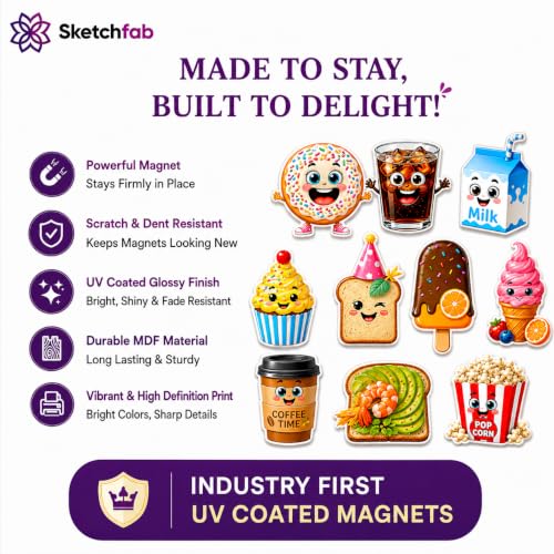 Image of Sketchfab Set of 10 Cute Food Fridge Magnets | Premium 3mm MDF with Invisible Strong Magnet | UV Coated High Gloss Finish | Decorative Kitchen Magnets for Fridge, Whiteboard, Locker, Office & Gift