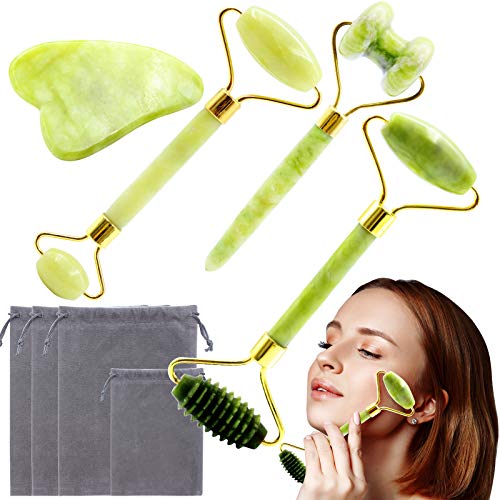 POPMISOLER 8-Pcs Jade Roller and Gua Sha Set with Flannel Bag,100% Natural Jade Stone Roller Lymph Drainage Massager for Face, Eye, Neck Eliminate Puffiness and Improve Wrinkles Promote