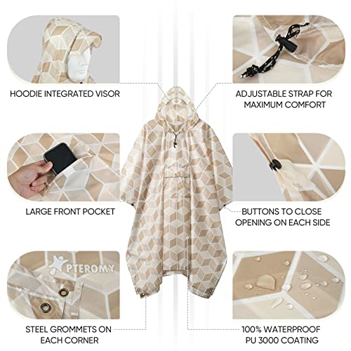Image of PTEROMY Hooded Rain Poncho for Adult, Waterproof Lightweight Unisex Raincoat for Hiking Camping Emergency