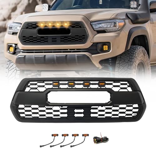 Front Grill for Toyota Tacoma SR/SR5/TRD 2016-2023 | Amber Lights With Accessories Letters ABC Matte Black Bumper Grille Not compatible with trucks equipped with factory front cameras