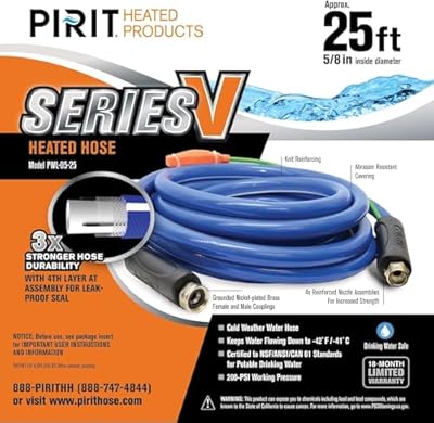 PIRIT Heated Water Hose for RV, Farm & Home - Thermostat Controlled -40°F Freeze Protection - Drink Water Safe - 5/8 Hose 25 Feet