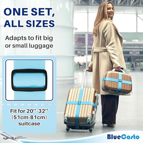 Image of Luggage Straps for Suitcases - Blue, 4 PK - Premium Nylon Belts for Luggage Security - Heavy-Duty w /Adjustable Length (46 inch-78 inch) for Suitcase, Briefcase, Backpack & Travel Bag - by BlueCosto