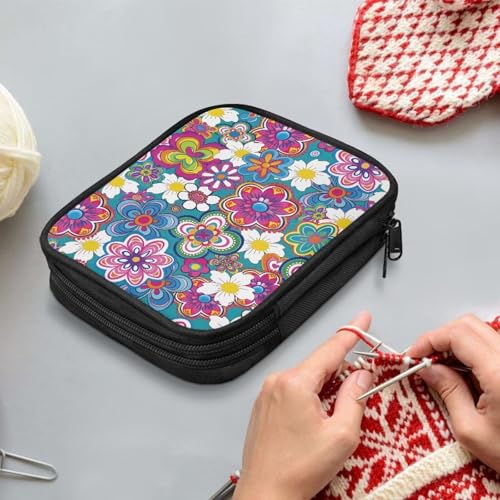 Image of Boho Floral Crochet Hook Case with Web Pockets Knitting Needle Organizer - Portable Crochet & Knitting Storage for Hooks, Needles & Supplies