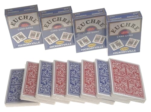 Hickoryville Euchre Card Game Set | 8 Pre-Stripped Decks (9-Ace) with Blank Counter Cards | 4 Red & 4 Blue Decks | Classic Euchre Playing Cards