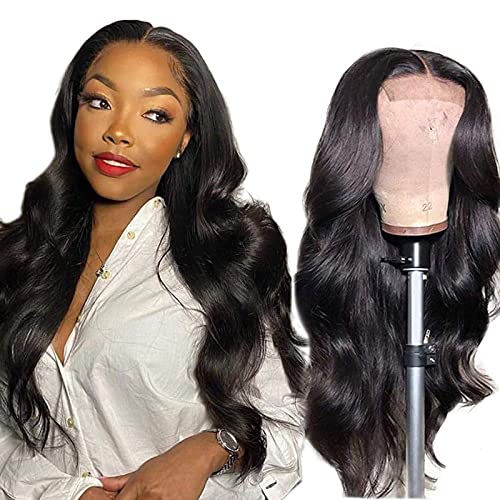 CAITLYN Body Wave Lace Front Wigs Human Hair Pre Plucked Bleached Knots with Baby Hair Glueless Brazilian Virgin 4×4 Lace Closure Human Hair Wigs for Black Women Natural Color (24 inch, 180% Density)