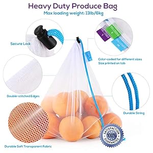 SPLF 12 Pcs Heavy Duty Reusable Mesh Produce Bags Barcode Scanable See Through Food Safe Mesh Bags with Drawstring for Fruits Vegetable Food Toys Grocery Storage Large Medium Small