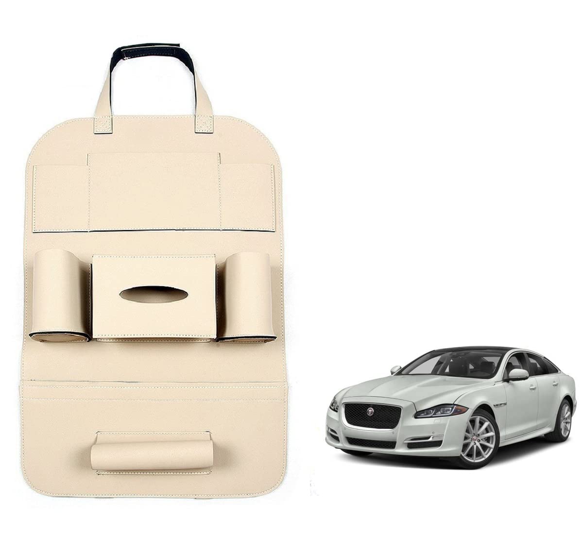 Oshotto Car Backseat Storage Organizer Phone Holder,Multi-Pocket for Bottles, Tissue Boxes,Kids Toy Storage and Great Travel Accessory Compatible with Jaguar XJ (Beige)