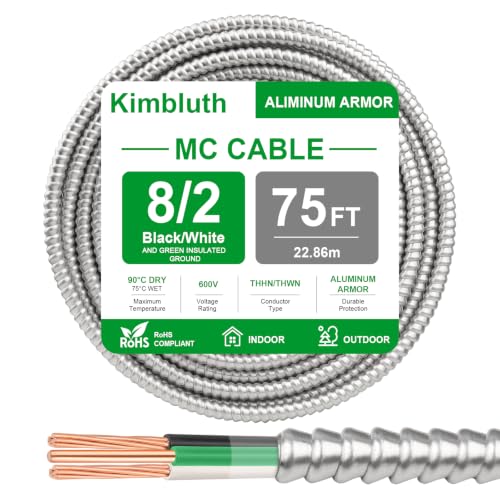 8/2 Metal Clad (MC) Cable with Ground 75ft, 8 Gauge Electric Wire with Aluminum Armor, Solid Bare Copper Conductors for Indoor Outdoor Underground Embedded Installation (8/2, 75 FT)