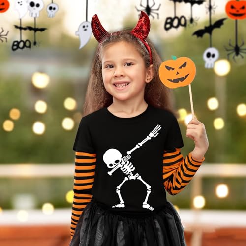 Toddler Boy Girl Halloween Shirt Pumpkin Long Sleeve Stripe Patchwork T-Shirt Baby Glow in The Dark Skeleton Tee Top 2-7T3
