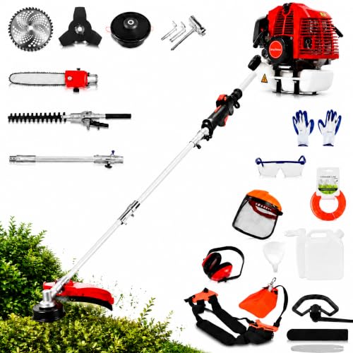 Image of 5-in-1 Petrol Garden Multi-Tool, 52cc 2-Stroke Gas Grass Trimmer 18", Hedge Trimmer, Chainsaw & Extension Pole – Easy Start System, Quick Attachment Change, UK Quick Arrival Red