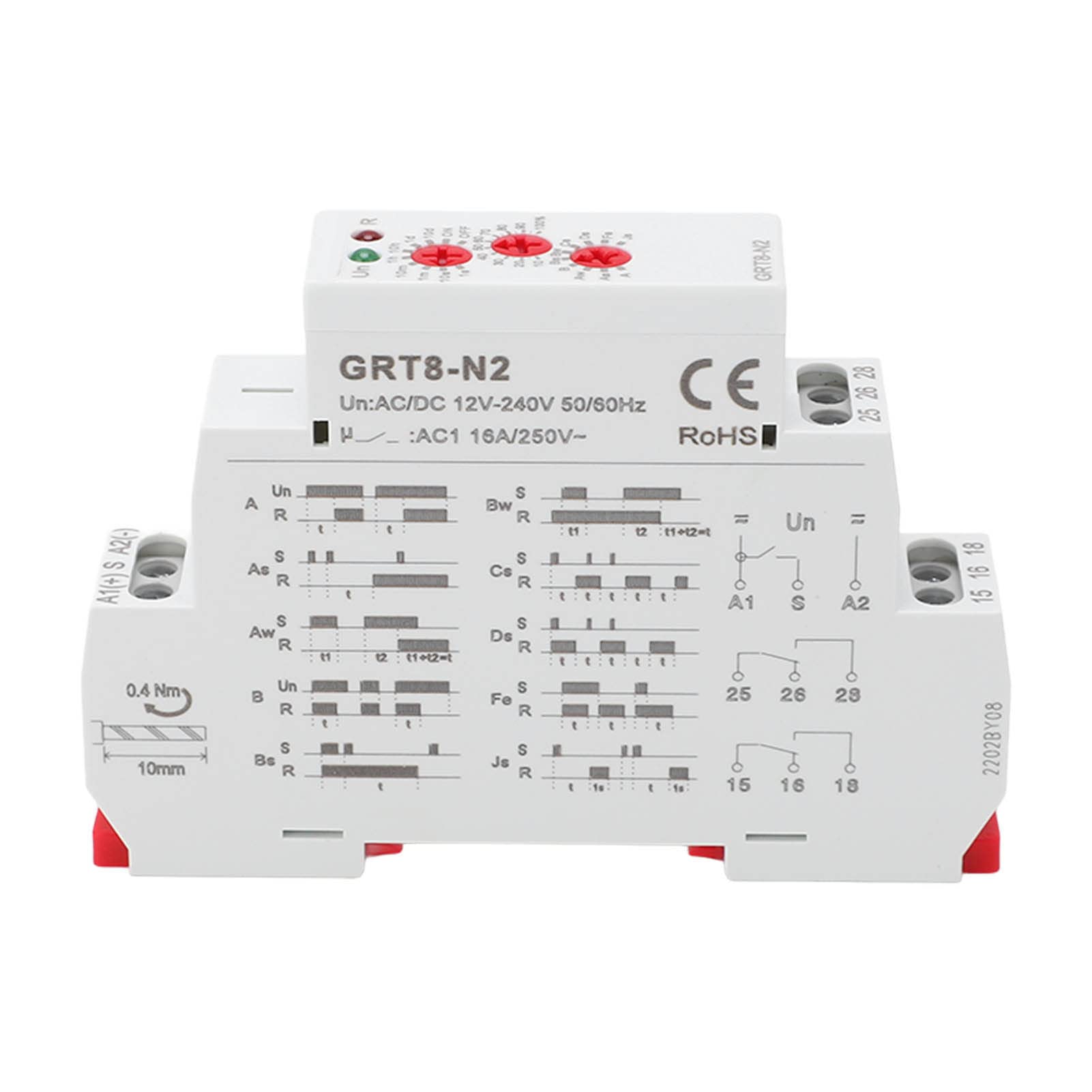 Relé temporizador multifuncional con retardo ajustable de 0,1 s a 10 días, indicador LED, carcasa de ABS ignífuga, montaje en riel DIN para sistemas de control industrial,