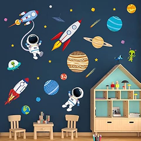 decalmile Outer Space Wall Decals Rocket Planets Astronaut Wall Stickers Baby Nursery Boys Bedroom Playroom Wall Decor Cover