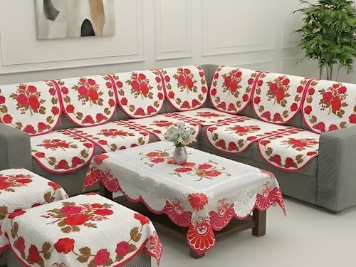 Image of Fab Nation Sofa Cover L Shape 7 Seater with Corner L Type Fully Covered Sofa Set for Living Room | Cotton Sofa Slipcovers for 4 + 3 Seaters Cover + 2 Setty Covers + 1 Table Cover Set | Pink Rose