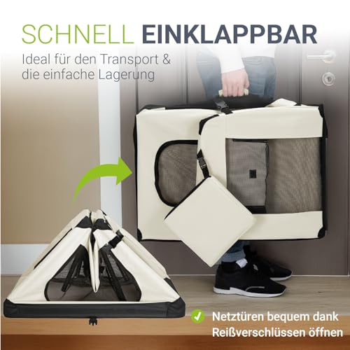 Juskys Hundetransportbox Lassie M faltbar & tragbar 42x60x44 cm mit Decke, Tasche & Griffen - Faltbare Transportbox für Hunde, Katzen & Haustiere - Oxford Stoff Hundebox Auto Hundetasche - Beige