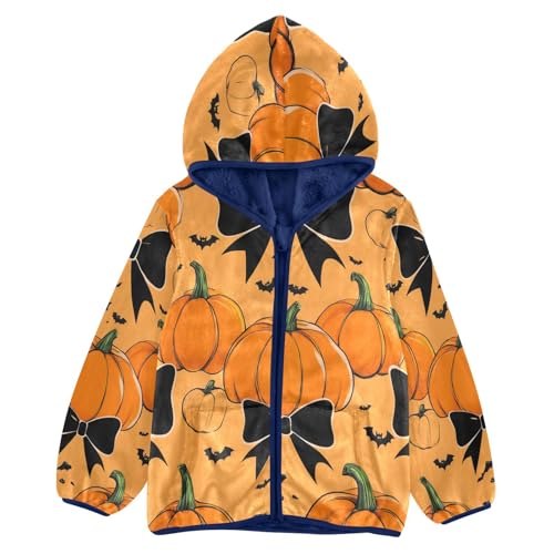 Pumpkin Bats Bow Orange Toddler Fleece Jacket Girl Boys Hooded Fleece Jacket Coat Warm Outwear Zip-up 3-10T