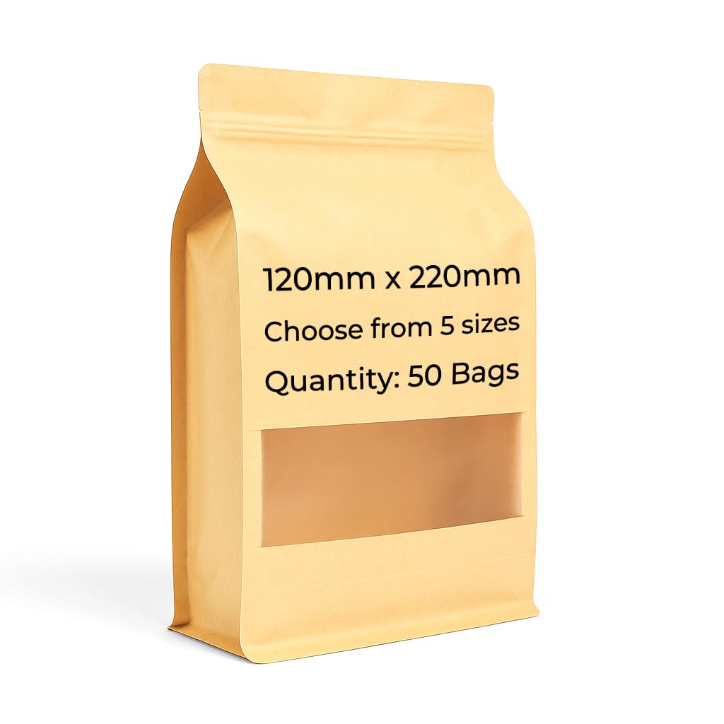Home Range Kraft Food Pouch (120 x 200mm, 50 Bags) | Flat Bottom Zip Lock Bags with Window | Heat Sealable with Tear Notch | Food Grade Resealable Packaging for Herbs Coffee, Spices, Wax Melts & More