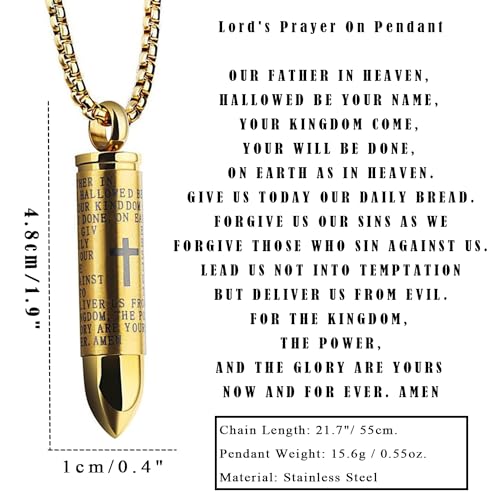 JWM Stainless Steel Bullet Pendants Cremation Urn Ashes Necklaces Cross Lords Prayer in English, 21.7" Square Pearl Chain2