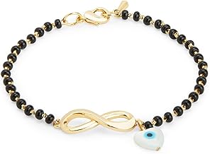 MINUTIAE Adjustable Stylish Infinity Sign With Evil Eye Black Beads Mangalsutra Brass Bracelet for Women