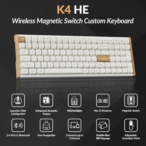 Image of Keychron K4 HE 96% Wireless Hall Effect Keyboard with Number Pad, Rapid Trigger Magnetic Switches, QMK Launcher, 2.4GHz /Bluetooth /Wired, Mac & Windows, Wood Accent Frame, White (Non-Shine-Through)