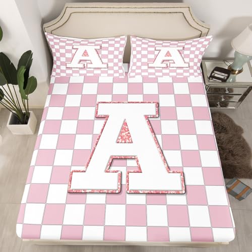 Image of Erosebridal Pink Initial A Bedding Set Full Kawaii Plaid Checkered Bed Sheets Cute Personalized Monogram Sheet Set Kids Girls Teen Women,Fashion Grids Gingham Fitted Top Sheets 4 Piece