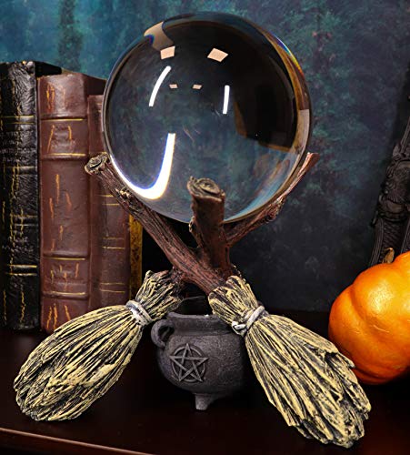 Ebros Gift Wicca Psychic Fortune Teller Scrying Witch Crystal Glass Gazing Ball On Broomsticks and Potion Cauldron Figurine 8
