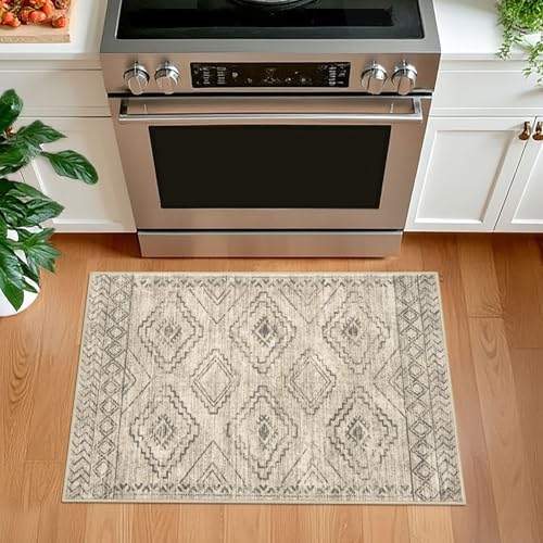 KILOCOCO Boho Entryway Rug 2x3 Printed Small Area Rug Indoor Door Mat Machine Washable Kitchen Rugs Super Soft Non Slip Throw Rugs for Entrance Geometric Laundry Room, Beige/Gray/Green