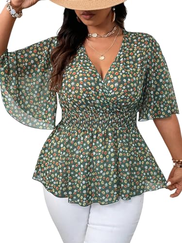 SOLY HUX Women's Plus Size V Neck Blouses Floral Print Flowy Peplum Tops Summer Ruffle Chiffon Shirts