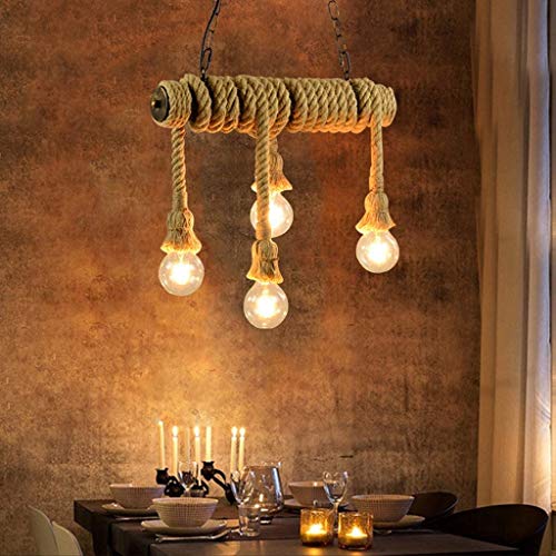 Raelf Vintage corde de chanvre Lustre 4 démodées Pendant Light Industrial Style 4 lumières, boules de corde de chanvre, Chandeliers, Salon, Salle à manger, Grenier Tringles lumières (type A d'énergie)