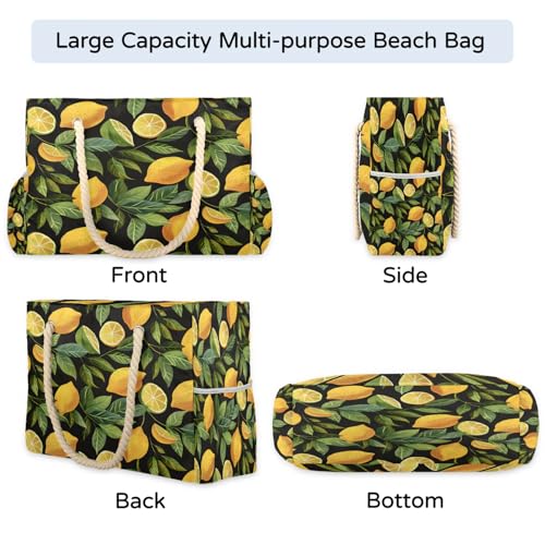 cfpolar Fresh Yellow Lemon Beach Bag for Women Ladies Large Beach Pool Tote Bag Sandproof Beach Tote with Zipper Gym Tote Carry On Bag Reusable Grocery Shopping Bag for Weekender Travel Daily4