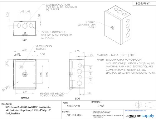 Bud JBH-4956-KO Steel Nema 1 Sheet Metal Box 8 Inch L X 6 Inch W X 4 Inch D thumb #6