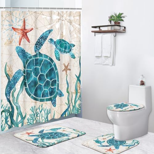 4 Pcs Shower Curtain Sets, Vintage Sea T… 4 Pcs Shower Curtain Sets, Vintage Sea T…