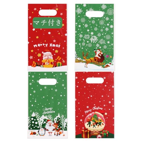 FINGOOO クリスマス 手提げ袋 ラッピング ギフトバッグ 40枚・6種類 幅13.5×高22.5×マチ6CM マチ付き 小 小判抜き レジ袋 ビニール CPE 小分け 雑貨 プレゼント (40PCS)