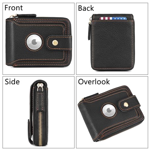 Airtag Wallets For Men With Zipper RFID Blocking Leather Bifold Mens Wallet - Big Capacity Credit Card Travel Wallet - Flap ID Window Zip Coin Pocket (Black)2
