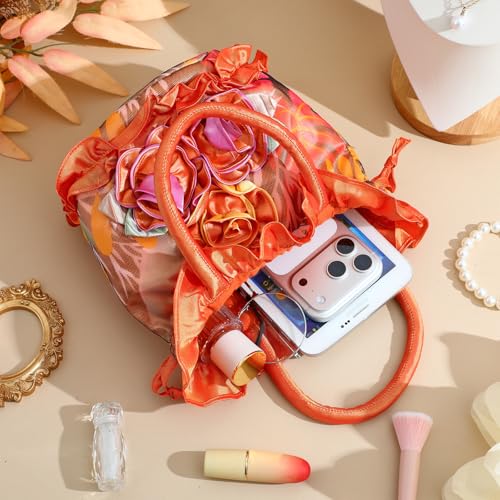 Image of TENDYCOCO Orange Women Clutches Purse, Satin Ribbon Material Lace Floral Bucket Evening Handbag, Flower Shaped Clutch, Phone Purse Mini Bag for Wedding, Prom, Party
