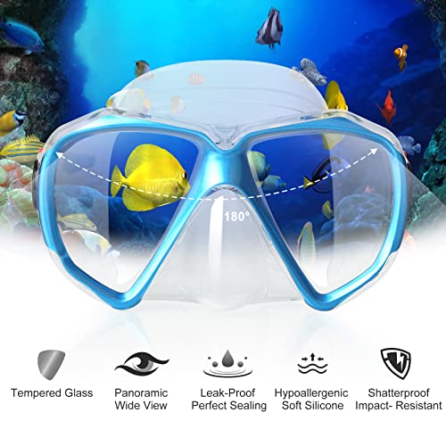Image of Snorkel Diving Mask Panoramic HD Swim Mask, Anti-Fog Scuba Diving Goggles,Tempered Glass Dive Mask Adult Youth Swim Goggles with Nose Cover for Diving, Snorkeling, Swimming (Lake Blue)