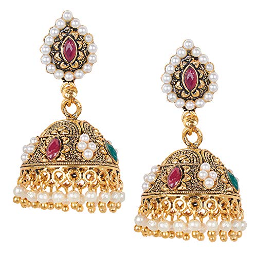 Bodha Traditional Indian 24K Gold Plated Traditional Ethnic Jhumka With CZ, LCT Crystals,Kundan & Pearls Earrings for Women (SJ_1634)