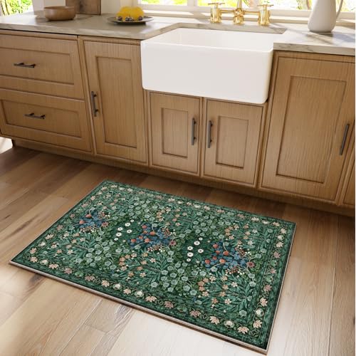Image of Floral Non-Slip Washable Entryway Rug, 2x3 Boho Forest Design Green, Soft Indoor Door Mat for Kitchen, Bedroom & Bathroom, Ultra-Thin Easy Clean Small Throw Carpet