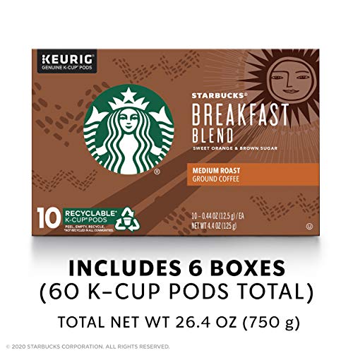 Starbucks Medium Roast K-Cup Coffee Pods - Breakfast Blend for Keurig Brewers - 6 Boxes (60 Pods Total)
