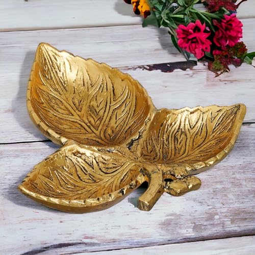 Image of KridayKraft Hand Crafted Metal 3 Part Leaf Shape Tray Perfect for Home Centre Table Serving Dry Fruits (Golden, Pack of 1)