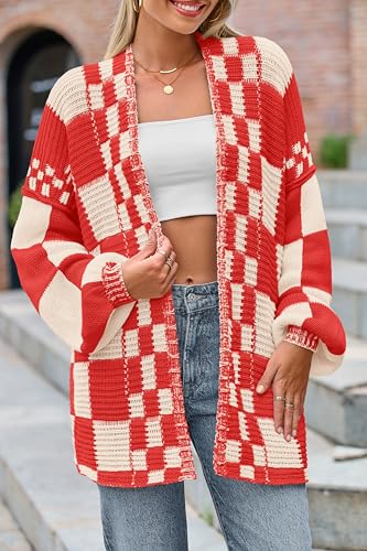 Image of BTFBM Casual Cardigan Sweater for Women Fall 2026 Long Sleeve Open Front Chunky Knit Sweaters Checkered Outwear Coat